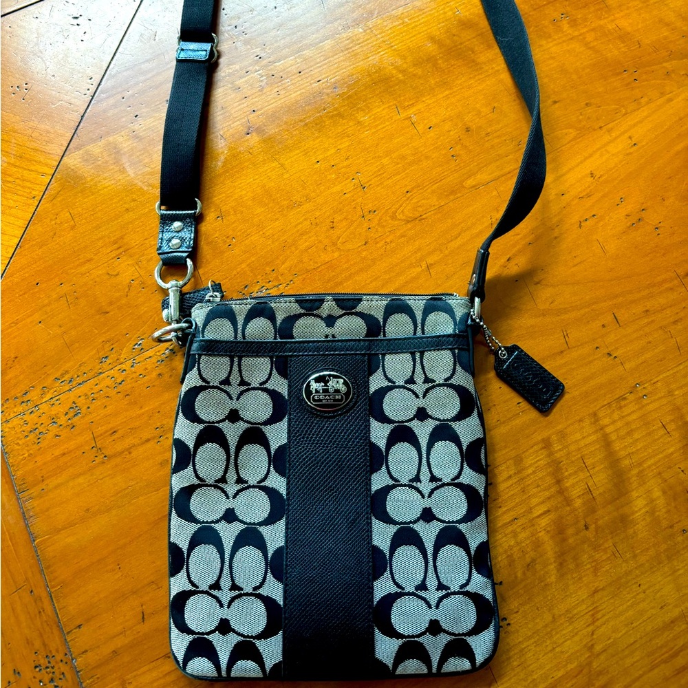 Coach crossbody bag - black with signature fabric and leather trim